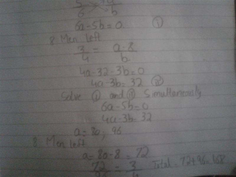 A train has a ratio of 5:6 men to women. At a stop 8 men get off the train. The ratio-example-1