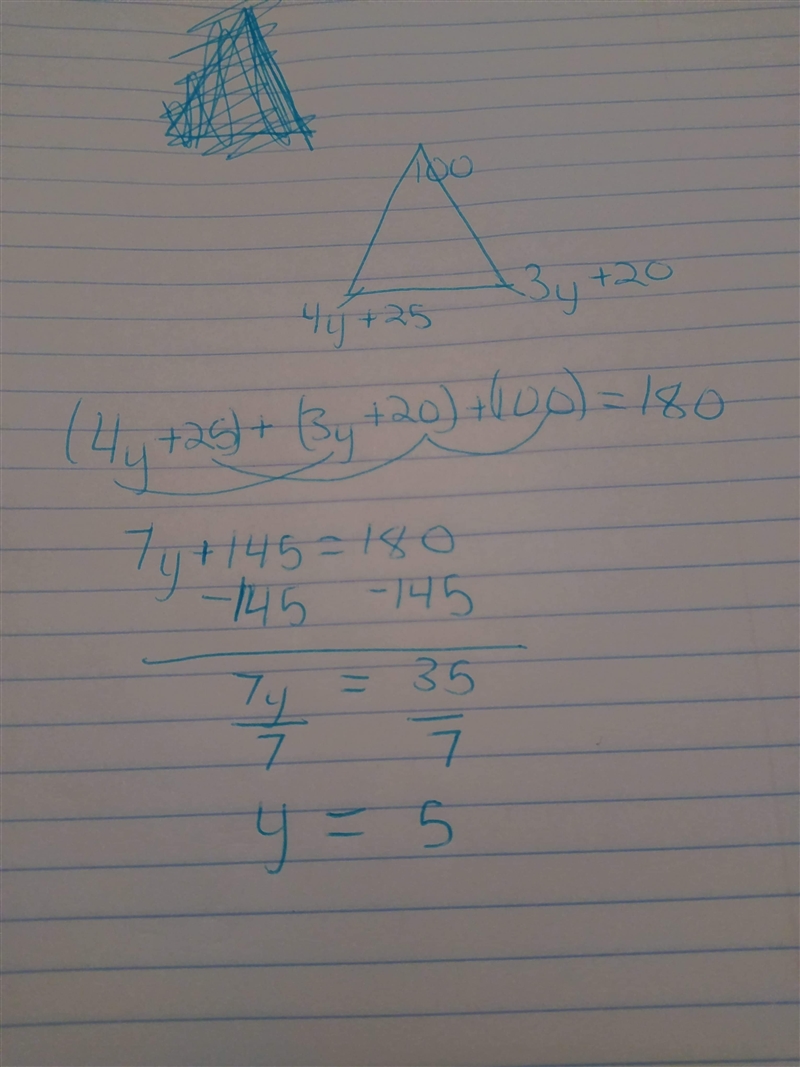 The interior angle of a triangle has measures 100°,4y+25 and 3y +20.what is the value-example-1