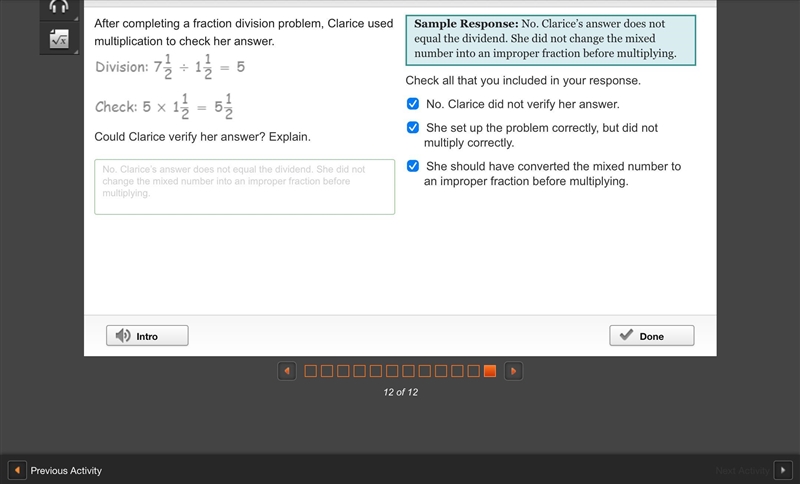 After completing a fraction division problem, Clarice used multiplication to check-example-1