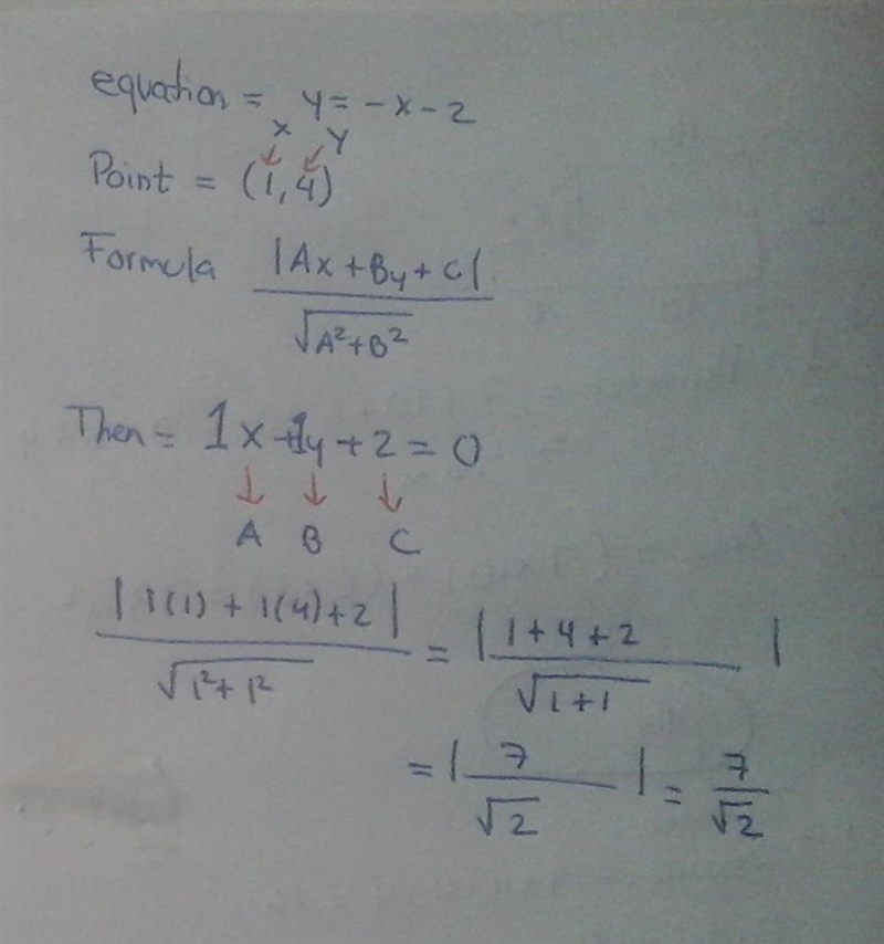 Line l has equation y=-x-2. Find the distance between l and the point H(1,4).-example-1