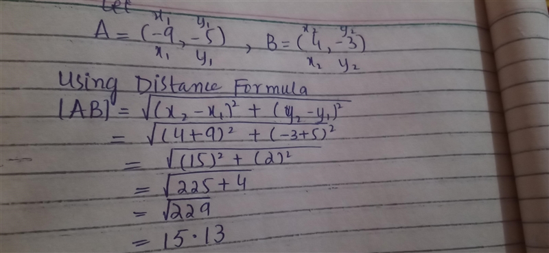 Find the distance between (-9,-5) and (4,-3)-example-1