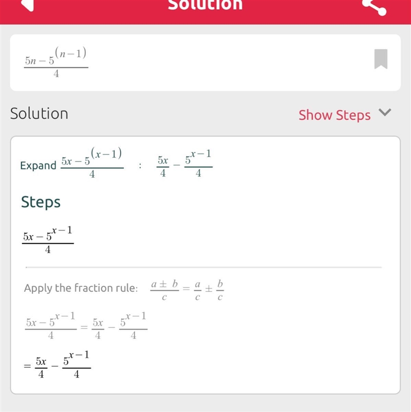 How do you solve? \frac{5^(n ) - 5 {}^((n - 1)) }{4} ​-example-1