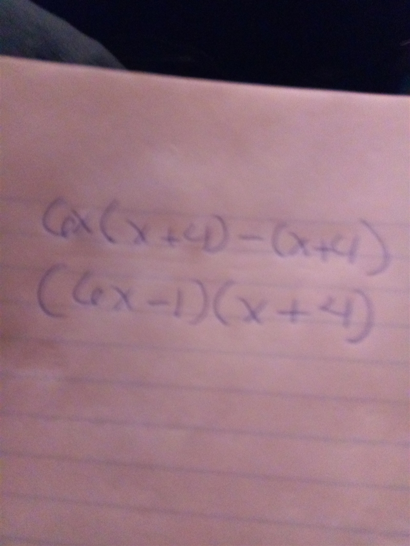 Factor the polynomial as the product of two binomials. 6x(x+4) -(x+4)=6x(x+4)−(x+4)-example-1