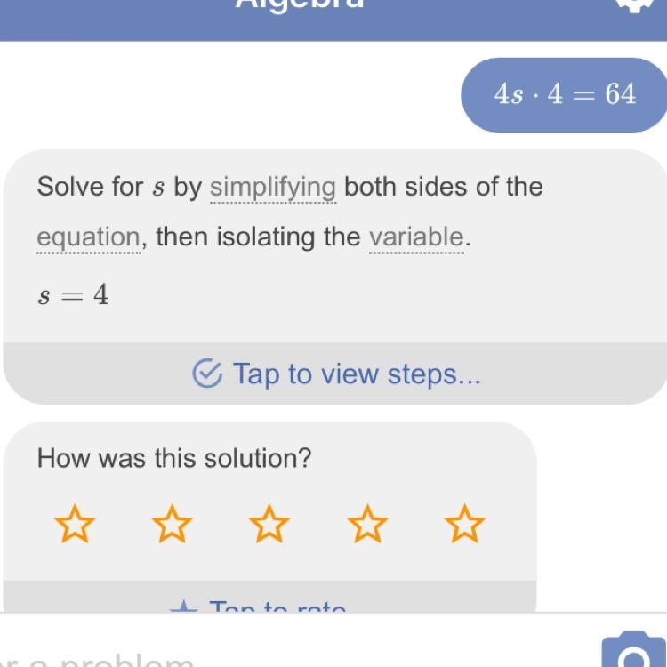 What is the value of s in the equation 4s x 4 = 64-example-1