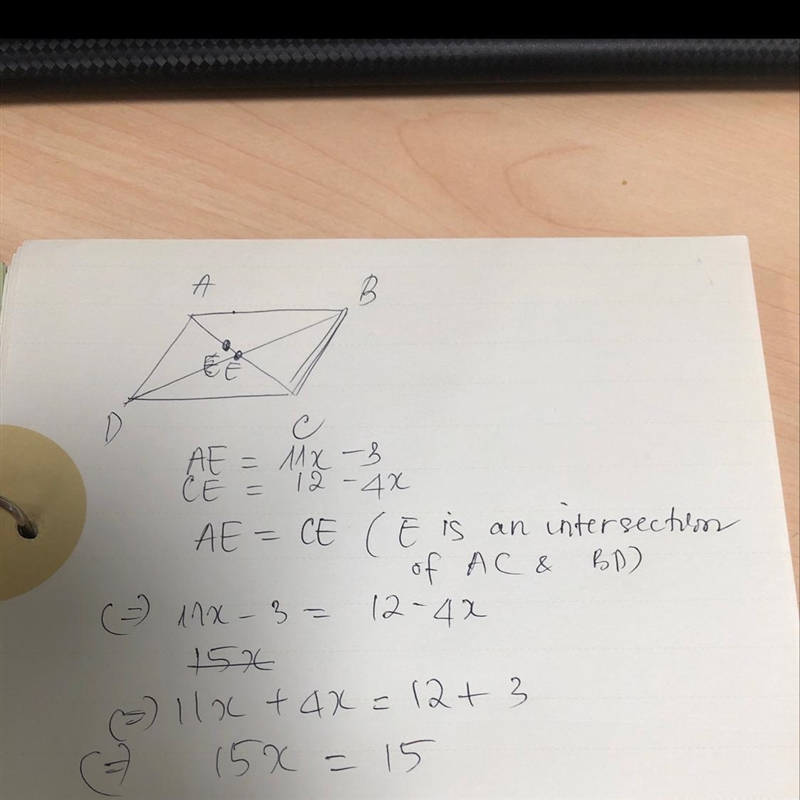 Given parallelogram ABCD, diagonals AC and BD intersect at point E. AE = 11x -3 and-example-1