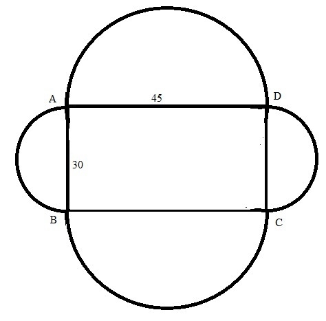 A decorative window is made up of a rectangle with semicircles at either end. The-example-1