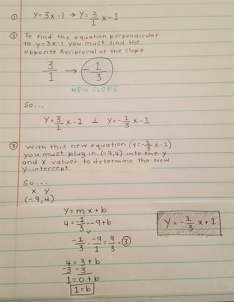 Write an equation for a line perpendicular to y=3x−1 and passing through the point-example-1