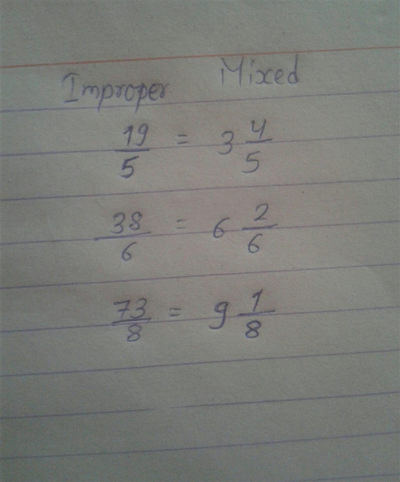 Rewrite the improper fractions as mixed numbers. 1. 19/5. 2. 38/6. 3. 73/8 please-example-1