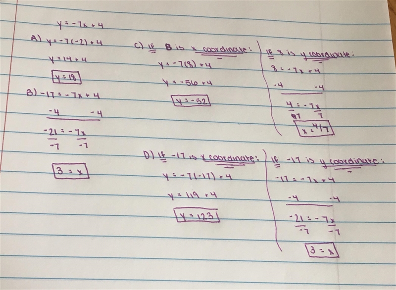 18. The equation of a linear relation is: y = -7x + 4 Find the missing number in each-example-1