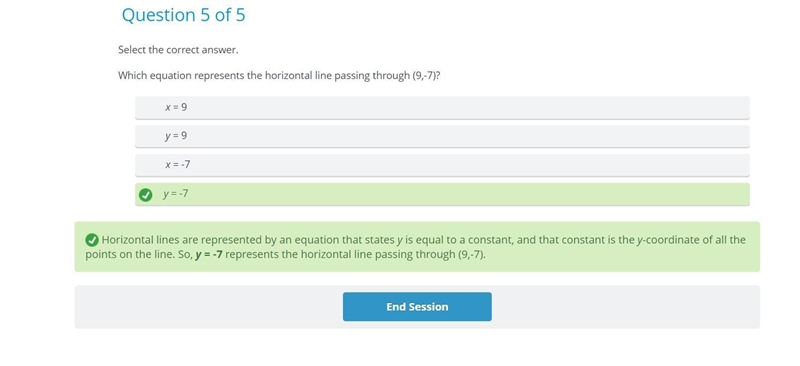 Select the correct answer. Which equation represents the horizontal line passing through-example-1