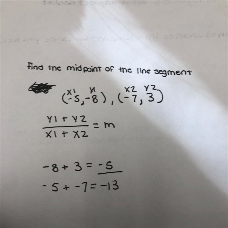 Find the midpoint of the line segment (-5,-8), (-7,3)-example-1