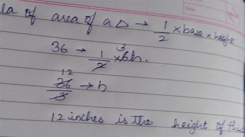 If the area of the triangle is 36 square inches, what is the height of the triangle-example-1