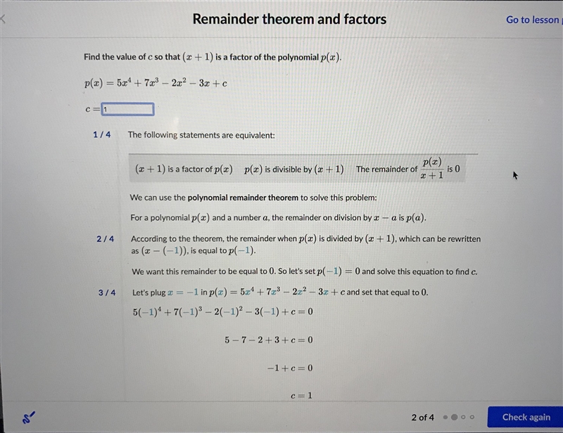 Find the value of c so that (x + 1) is a factor of the polynomial p(x). p(x) = 5x-example-1