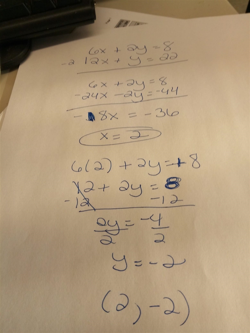 Solve the system of equations: 6x+2y=8 and 12x+y=22-example-1