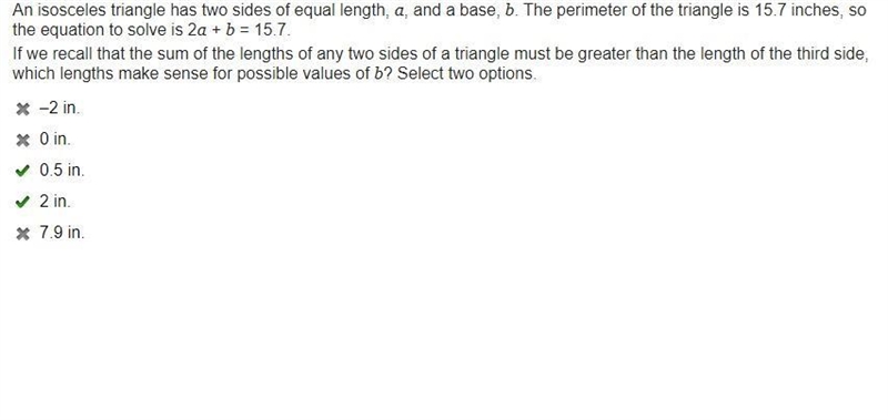 An isosceles triangle has two sides of equal length, a, and a base, b. The perimeter-example-1