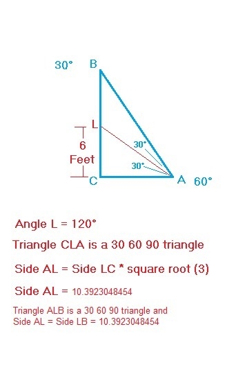 Given: ∆ABC, m∠C = 90° AL - is an angle bisector m∠ABC = 30°, CL = 6 ft Find: LB-example-1