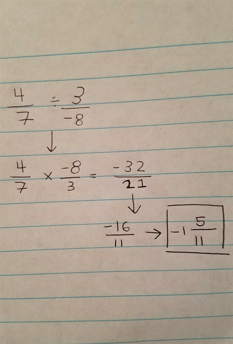 Simplify 4 over 7 divided by 3 over negative 8-example-1