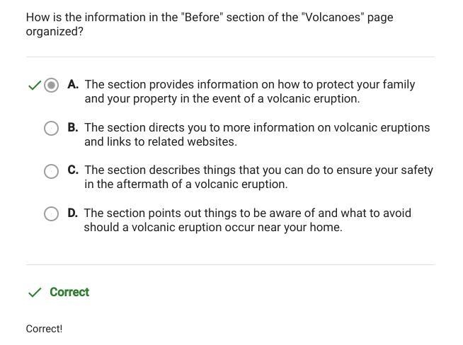 How is the information in the "Before" section of the "Volcanoes&quot-example-1