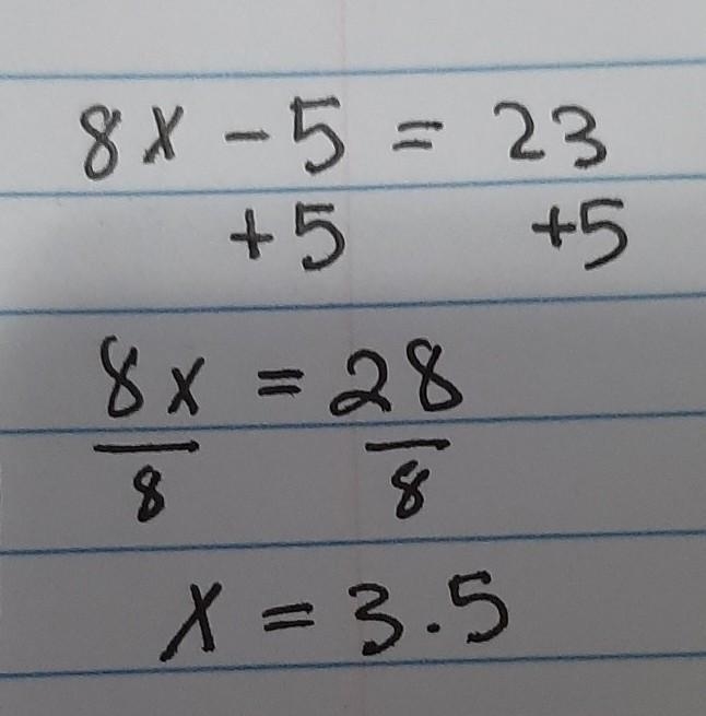 If 8 times a number is decreased by 5, the result is 23.what is the number.-example-1