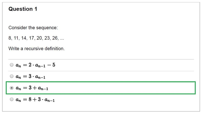 2.)Which sequences could be described by the recursive definition LaTeX: a_{n+1}=3\cdot-example-1