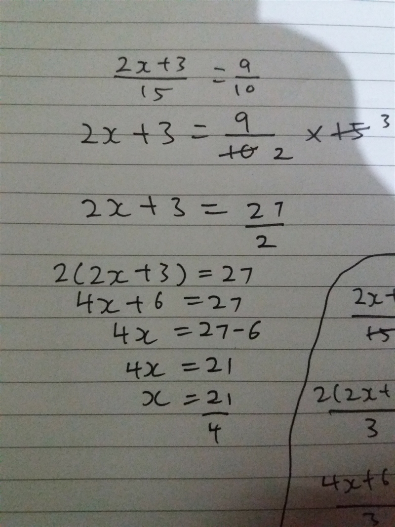 Can someone help me with this equation?(2x+3)/(15) =(9)/(10)-example-1