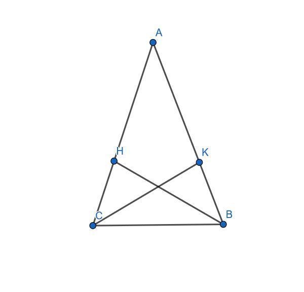 In ΔABC, m∠B = m∠C. The angle bisector of ∠B meets AC at point H and the angle bisector-example-1