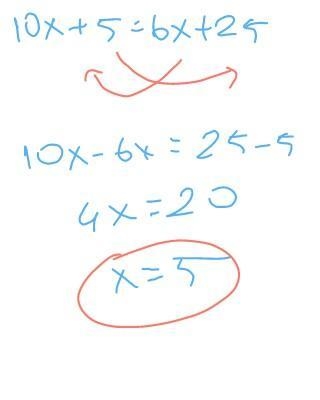 Solve for x 10x+5=6x+25-example-1