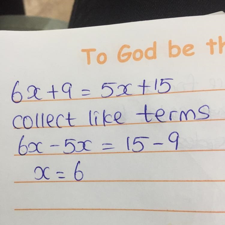 6x + 9 = 5x +15 solve for x​-example-1