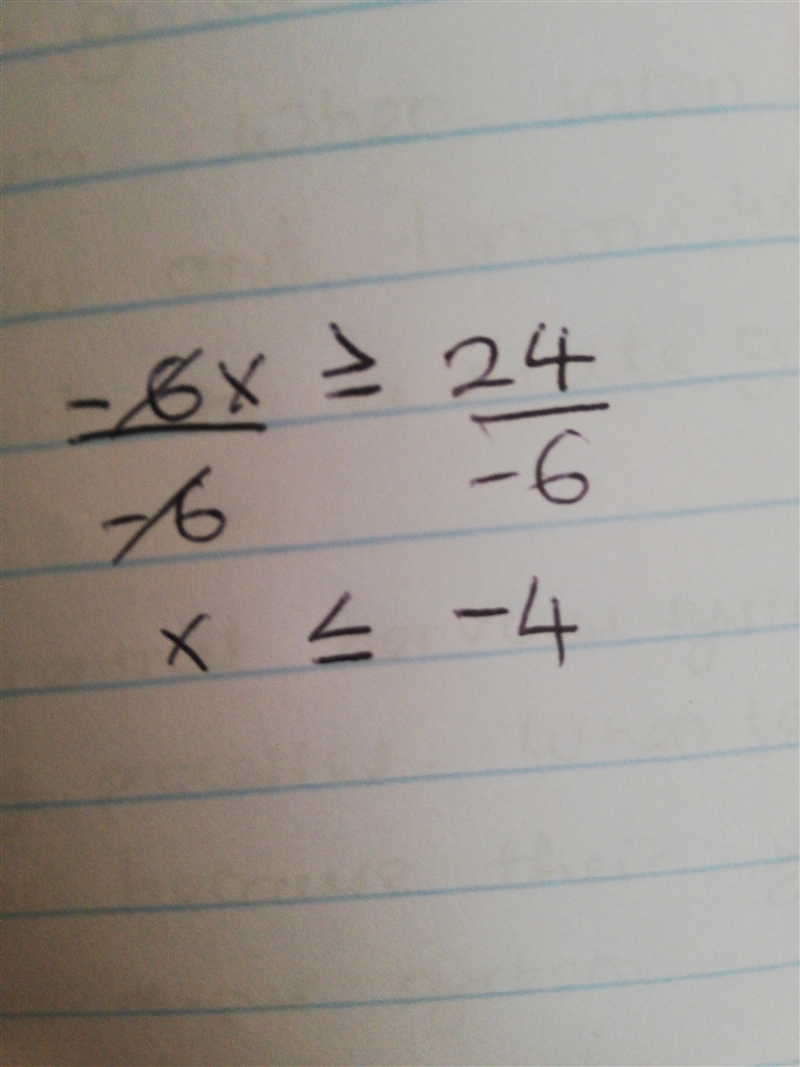 The product of a number and -6 is at least 24. Write an inequality and solve the problem-example-2