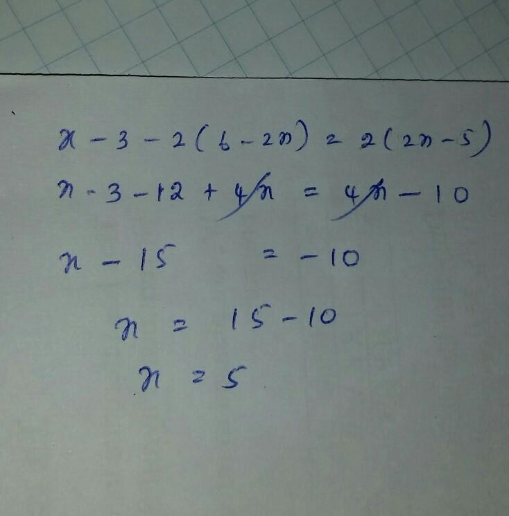 Solve for x. x − 3 − 2(6 − 2x) = 2(2x − 5) A) 3 B) 5 C) 9 D) 11-example-1