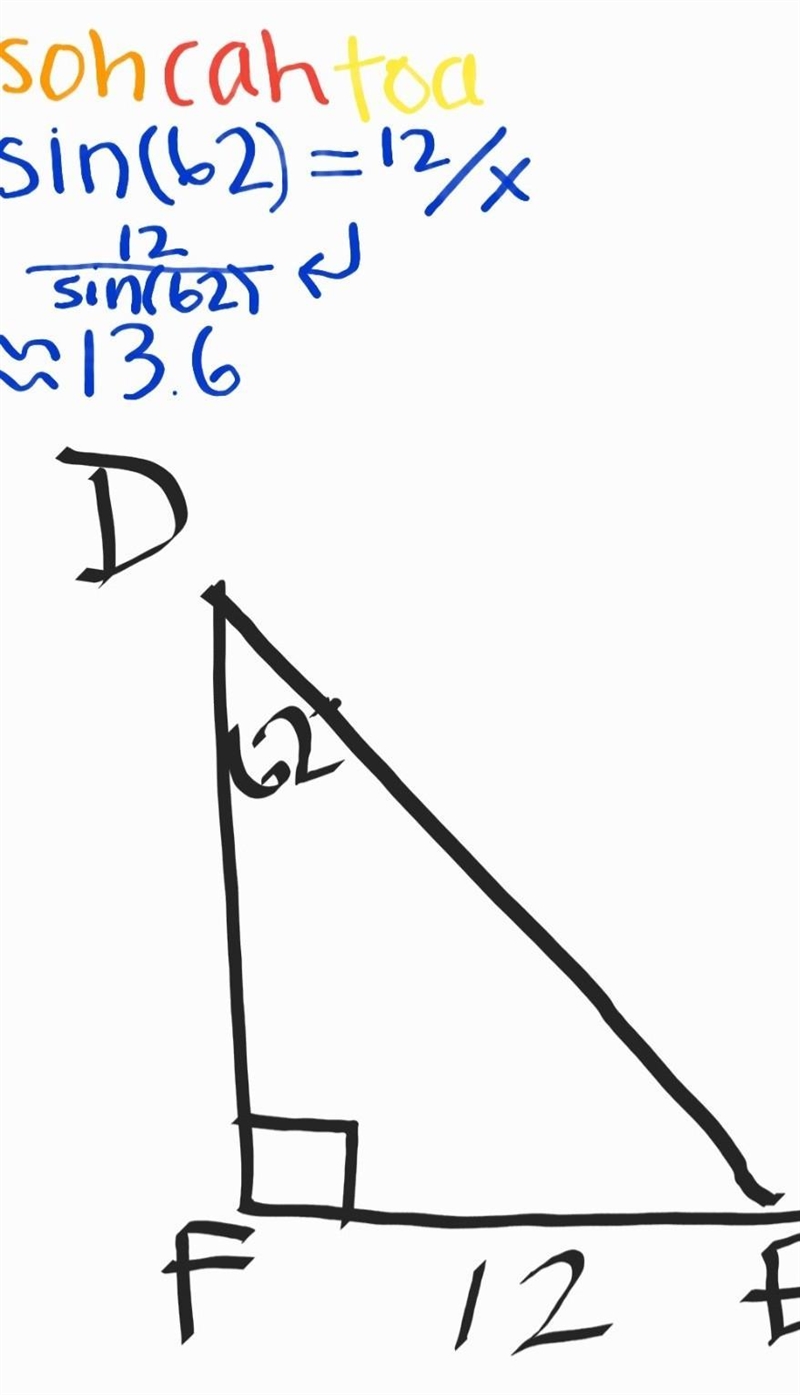 In triangle DEF, FE = 12 and angle D=62. Find DE to the nearest tenth.-example-1