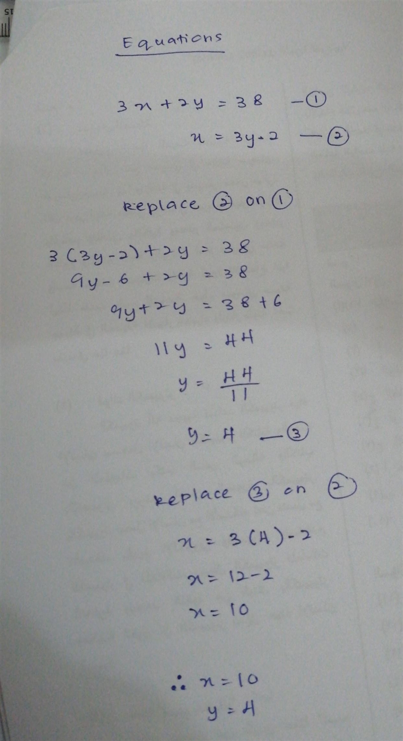 3x+2y=38 x=3y-2 substitution-example-1