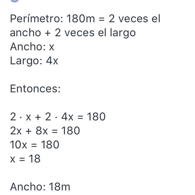 una parcela rectangular tiene un perimetro de 180m . si el largo mide cuatro veces-example-1