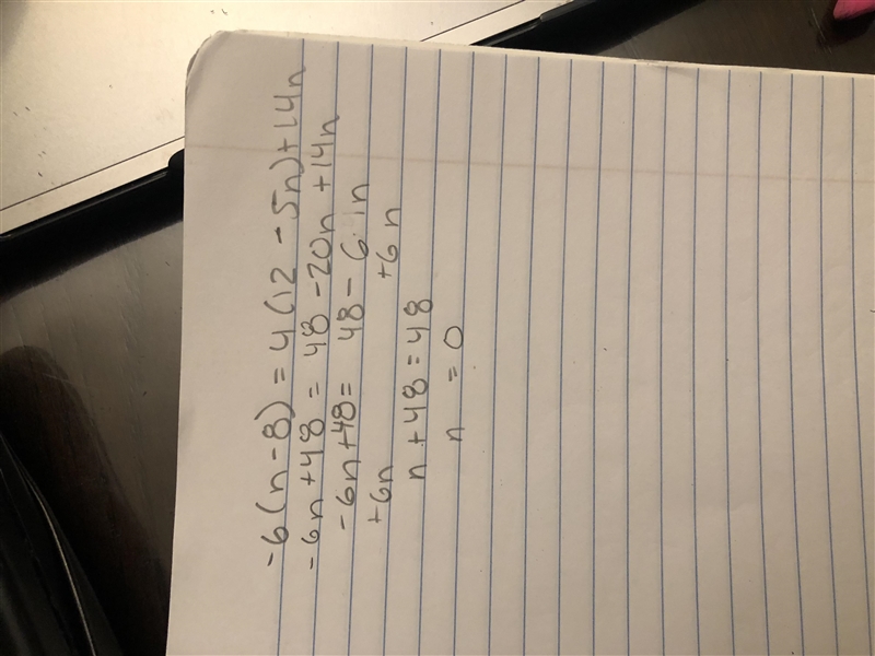 Solve forn: -6(n-8) = 4(12-5n)+14n-example-1