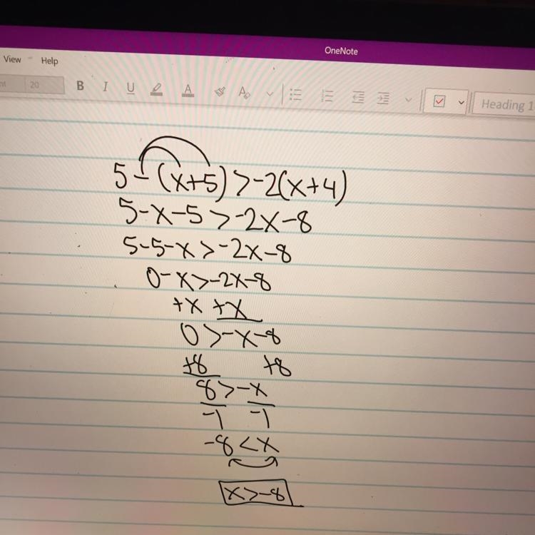 Solve for x: 5 - (x + 5) > -2(x + 4)-example-1