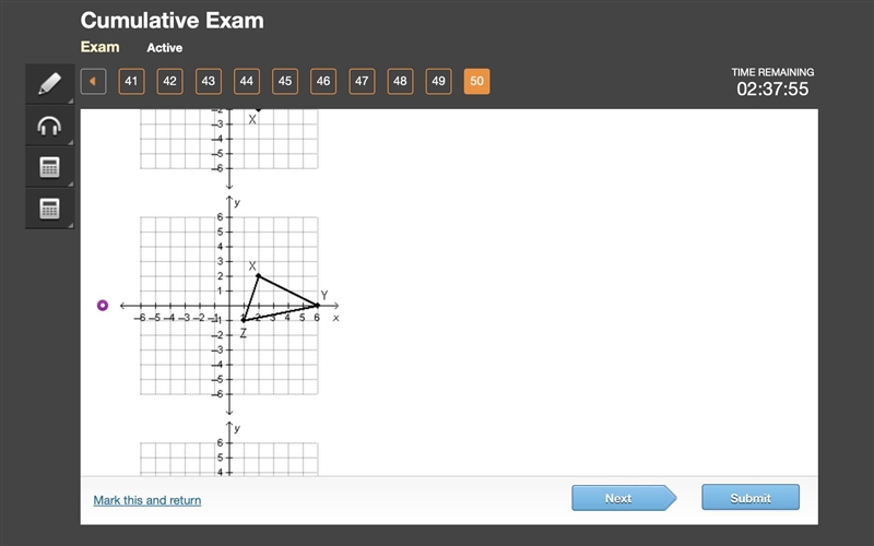 Which shows the pre-image of triangle X'Y'Z' before the figure was rotated 90° about-example-1