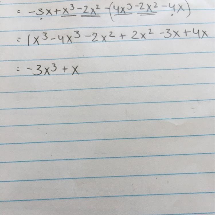 Find the difference between the polynomials: –3x+x^3–2x^2 and 4x^3–2x^2–4x PLEASE-example-1