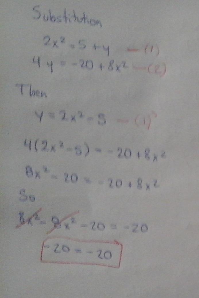 Use substitution to solve. 2x² = 5 + y 4y = -20 + 8x² Solve the first equation for-example-1