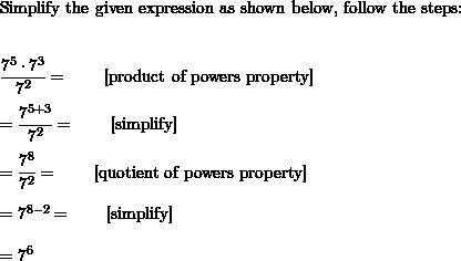 Simplify the expression. Write your answer as a power. 7⁵×7³÷7²-example-1