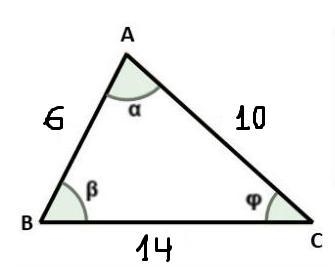 Hey everyone ! A triangle has sides measuring 14 cm, 10 cm and 6 cm. The measure of-example-1