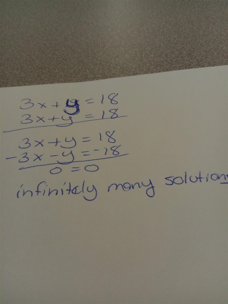 How many solutions exist for the system of equations below? {3x+y=18 {3x+y=18-example-1