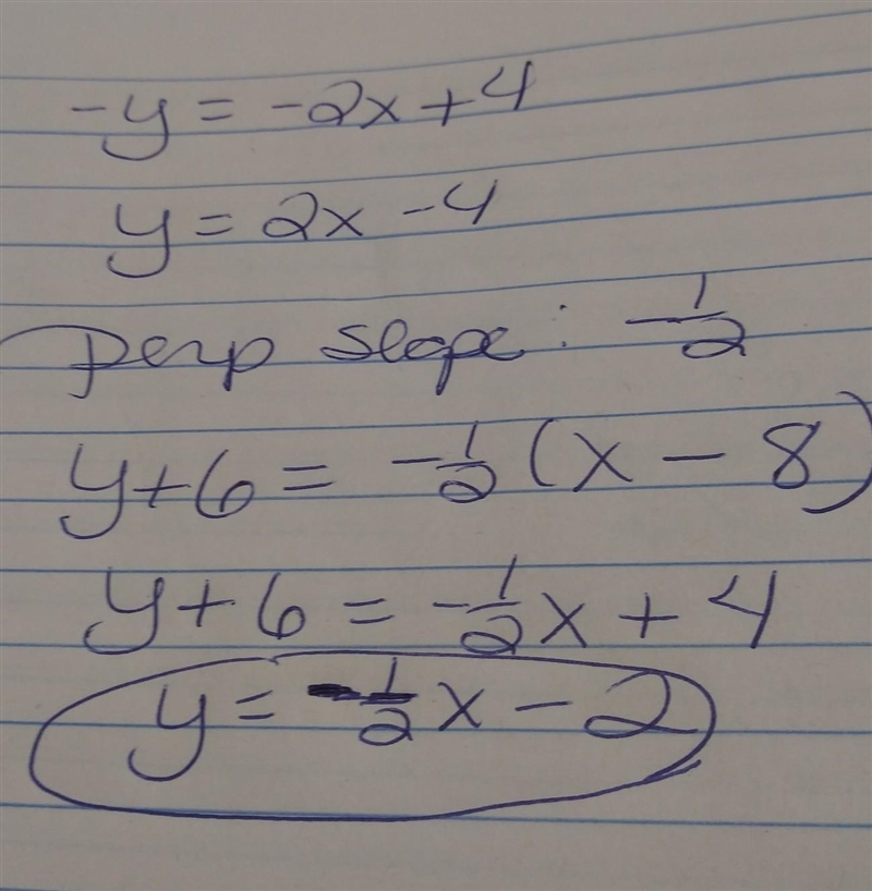 Passes through (8,-6) perpendicular to 2x- y =4-example-1