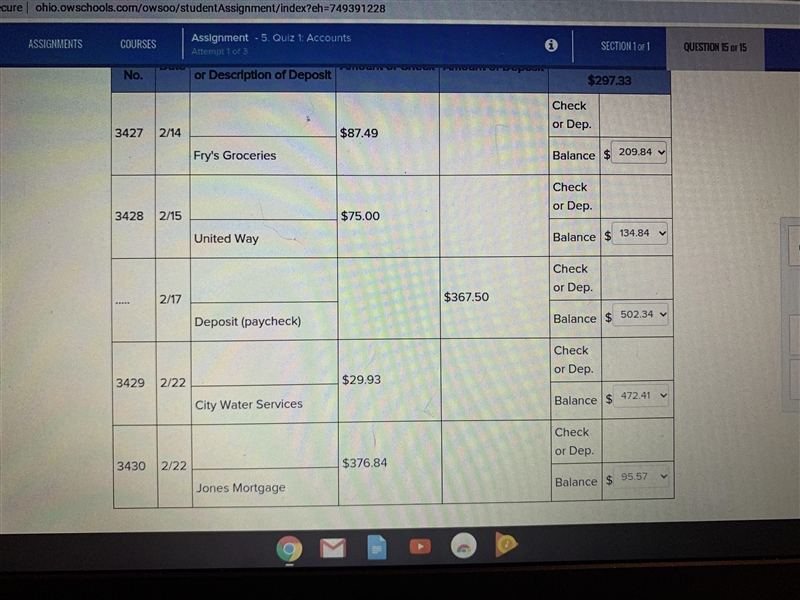 on the following checking account record into the figures and add or subtract them-example-2