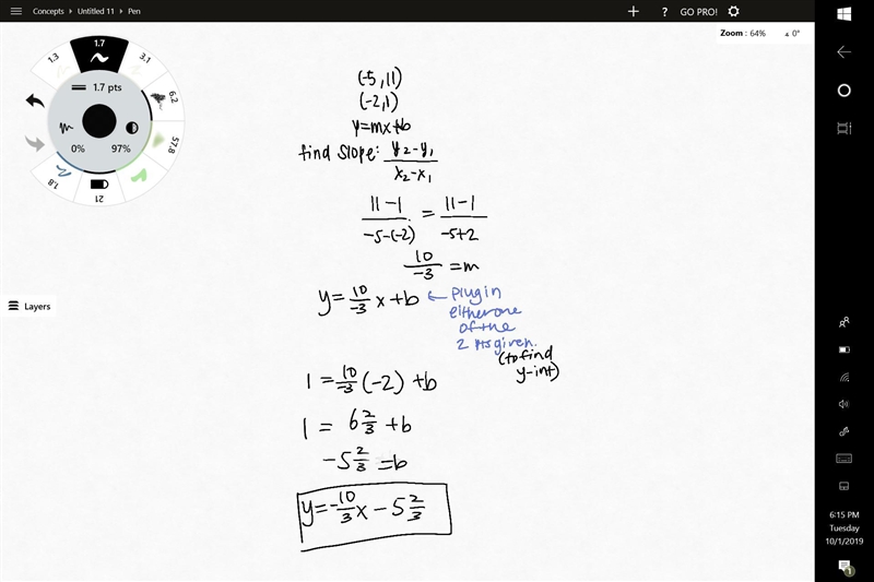 Write a linear equation given the point and slope or two points (-5,11) and (-2,1)-example-1