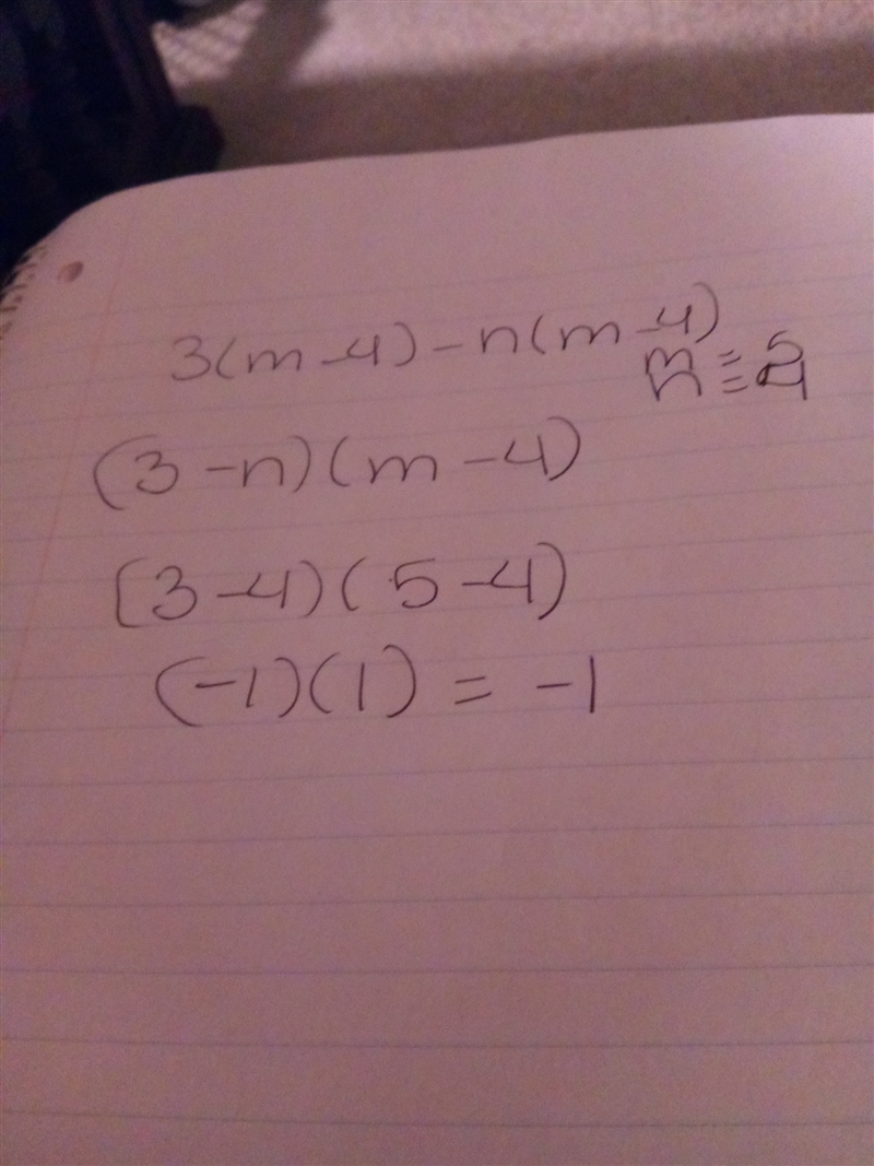 Factor the expression and then evaluate without a calculator: 3·(m−4)−n·(m−4), if-example-1