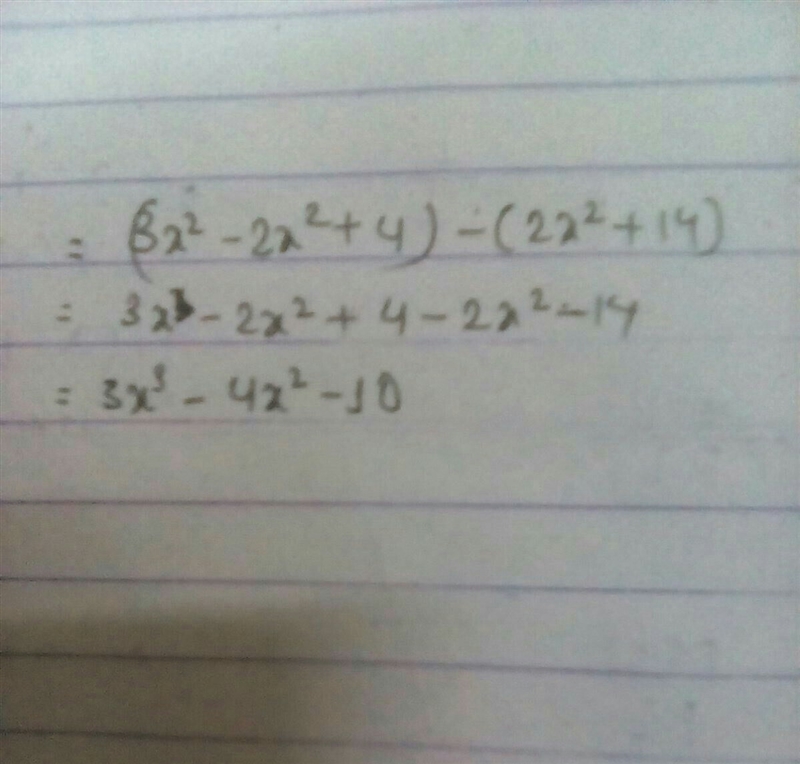 (3x3 - 2x2 + 4) - (2x2 + 14)-example-1