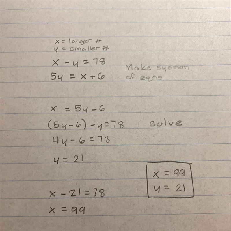 The difference between two numbers is 78. Five times the smaller is equal to 6 more-example-1