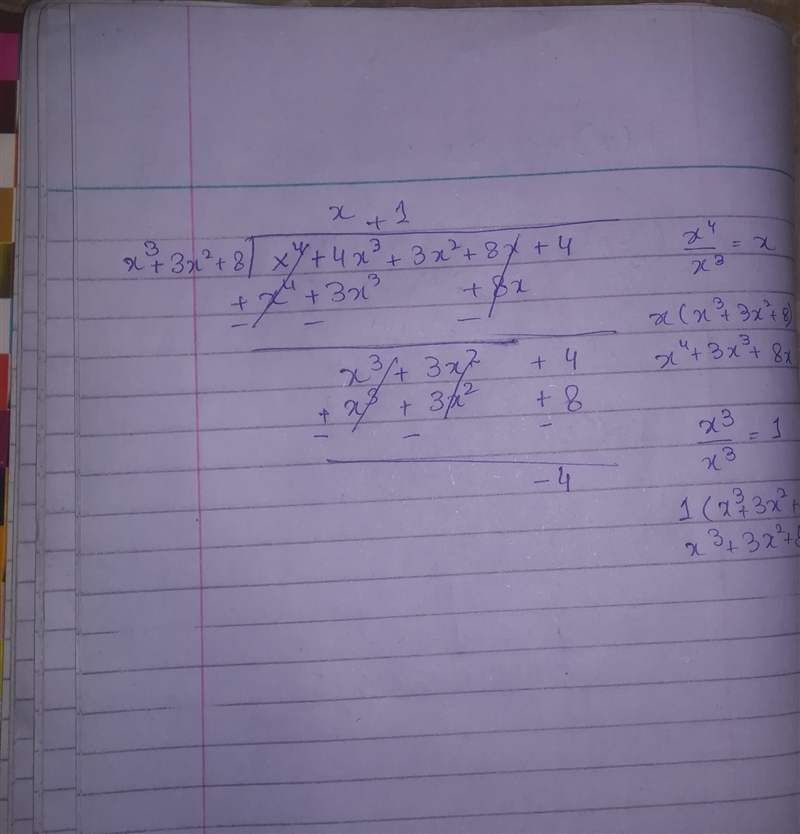 The volume of a rectangular prism is (x^4+4x^3+3x^2+8x+4), and the area of its base-example-1