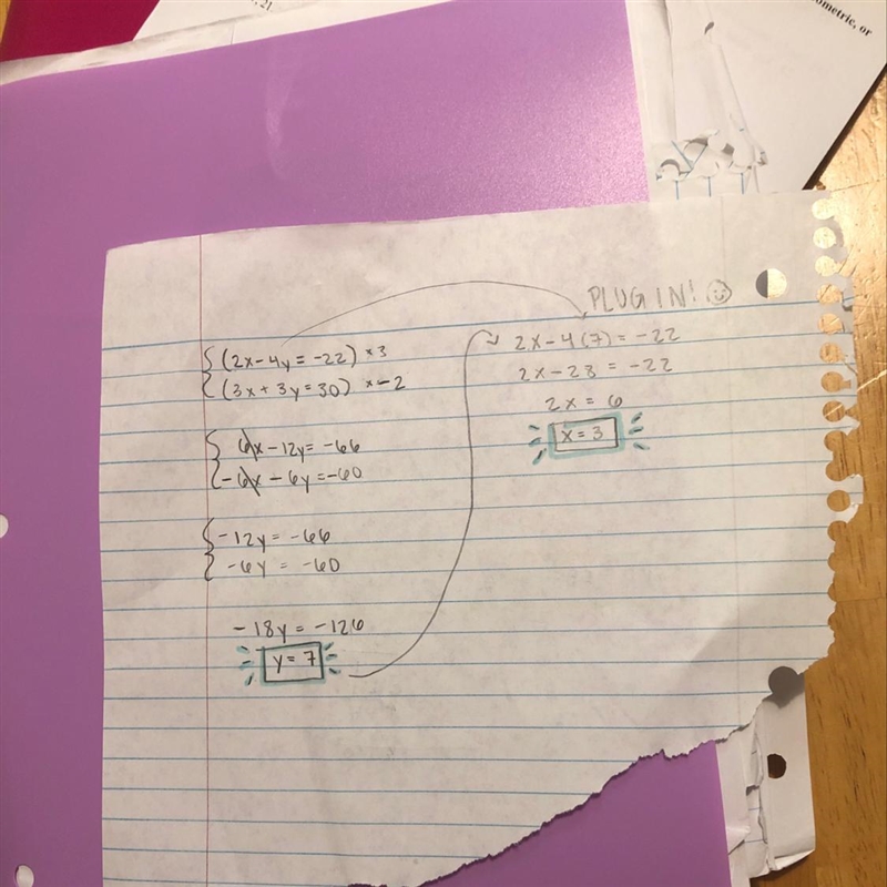 Use elimination for this problem: 2x - 4y = -22 3x + 3y = 30-example-1