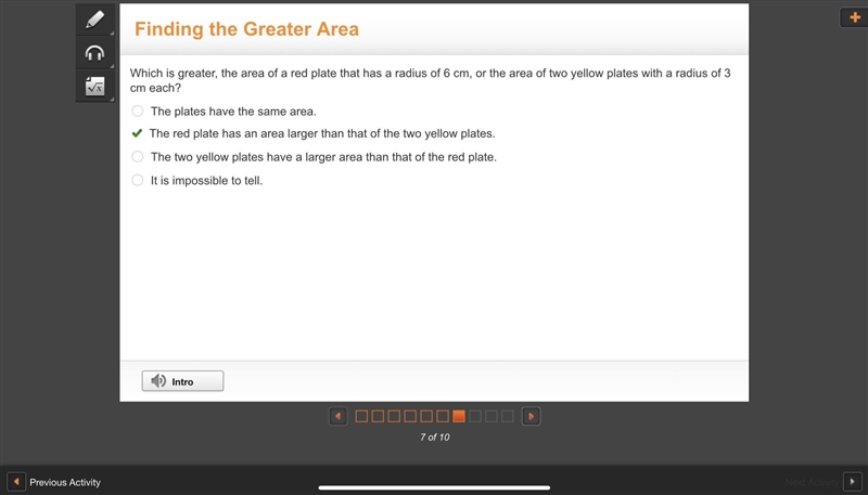 Which is greater, the area of a red plate that has a radius of 6 cm, or the area of-example-1